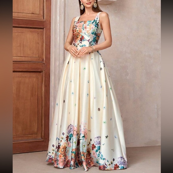 Luxe floral print square neck zip up back party portal gown dress - Picture 3 of 4